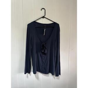Ann Taylor Navy Blue Long Sleeve Button Front Top with Tie Detail size large
